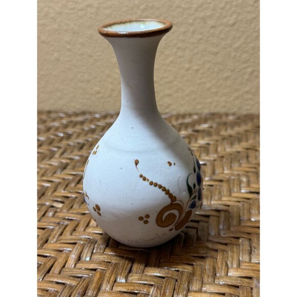 Mexican Tonala Bud Vase Signed Folk Art Hand Painted Flower Sandstone - Picture 6 of 13